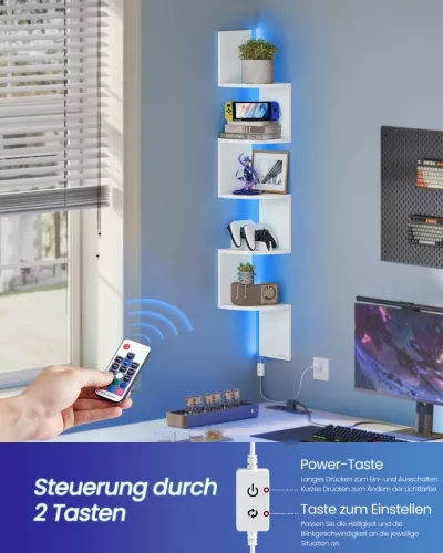 Fali sarokpolc RGB LED világítással, 5 szintes, matt fehér