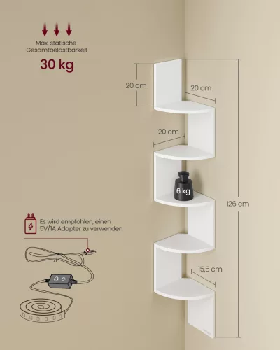 Fali sarokpolc RGB LED világítással, 5 szintes, matt fehér