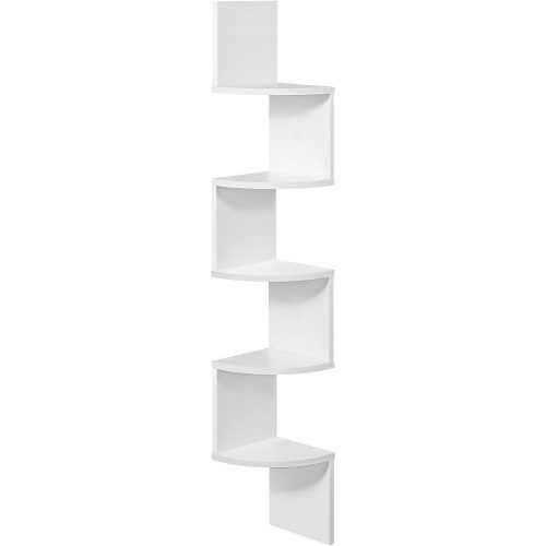 VASAGLE Sarokpolc, 5 polcos lebegő fali polc zigzag designnal, könyvespolc, fehér