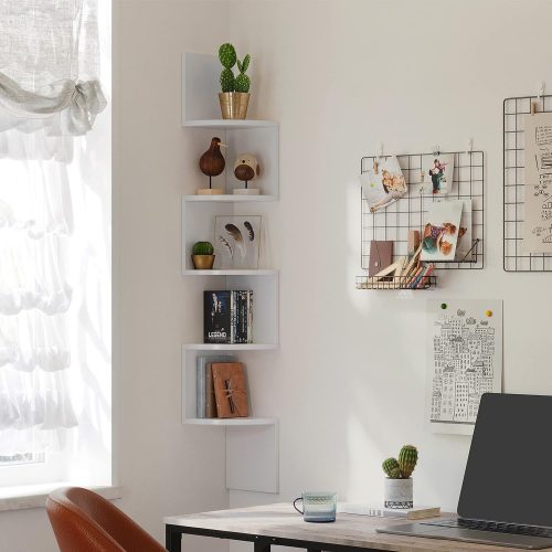 VASAGLE Sarokpolc, 5 polcos lebegő fali polc zigzag designnal, könyvespolc, fehér