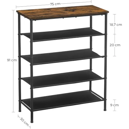 VASAGLE Cipőtartó 5 szintes, Szűk cipőtároló szervező, 4 szövet polccal és tetejével