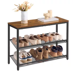   Cipőtároló polc 3 szintes, fém hálós polcokkal, rusztikus barna 100x30x90cm