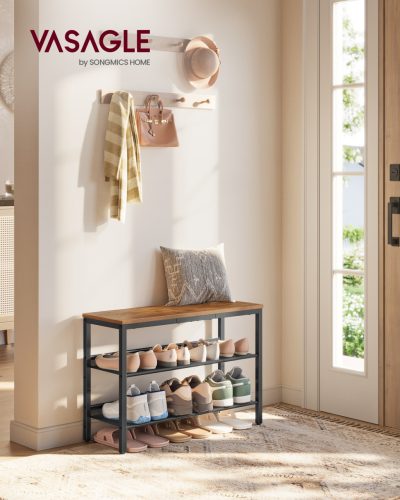 Cipőtároló polc 3 szintes, fém hálós polcokkal, rusztikus barna 100x30x90cm