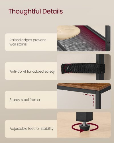 Cipőtároló polc 3 szintes, fém hálós polcokkal, rusztikus barna 100x30x90cm