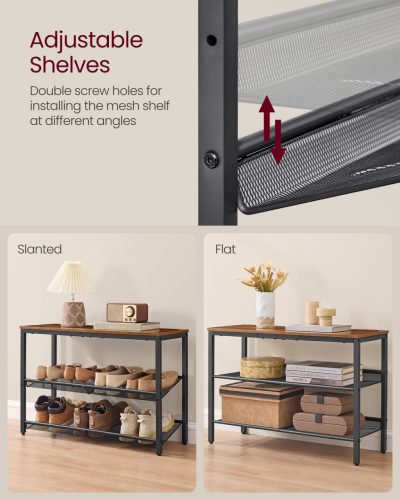 Cipőtároló polc 3 szintes, fém hálós polcokkal, rusztikus barna 100x30x90cm