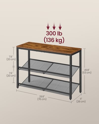 Cipőtároló polc 3 szintes, fém hálós polcokkal, rusztikus barna 100x30x90cm