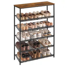   Cipőtároló polc 6 szintes, állítható, fém, rusztikus barna és fekete 90x30x180cm