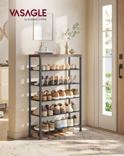 Cipőtároló polc 6 szintes, állítható, fém, rusztikus barna és fekete 90x30x180cm