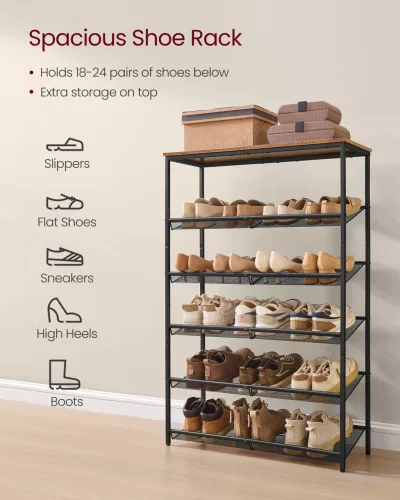 Cipőtároló polc 6 szintes, állítható, fém, rusztikus barna és fekete 90x30x180cm