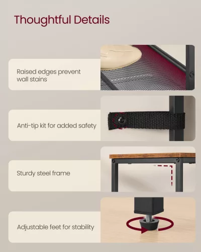 Cipőtároló polc 6 szintes, állítható, fém, rusztikus barna és fekete 90x30x180cm