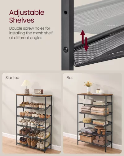 Cipőtároló polc 6 szintes, állítható, fém, rusztikus barna és fekete 90x30x180cm