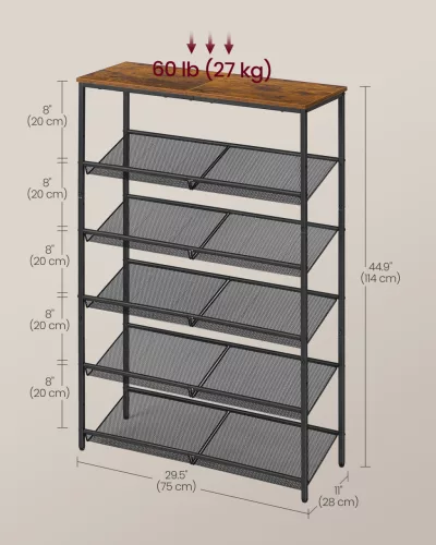 Cipőtároló polc 6 szintes, állítható, fém, rusztikus barna és fekete 90x30x180cm