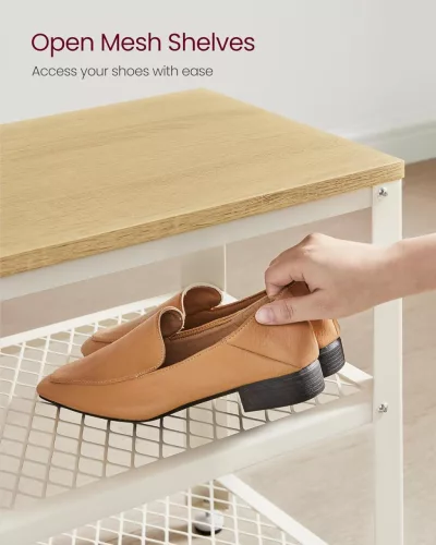 Cipőtároló pad, 2 polccal, acél, tölgy bézs és Fehér