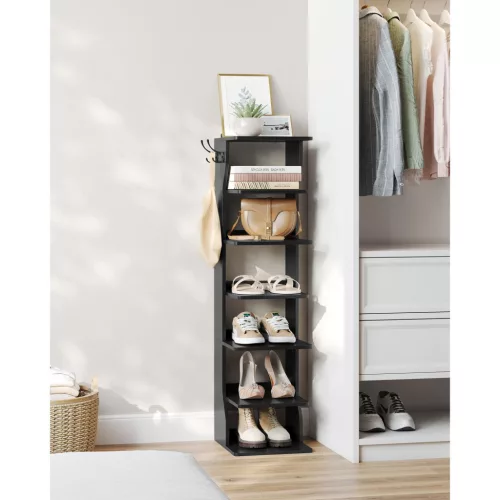 Cipőtároló polc, keskeny, 6 szintes, kis helyre, fekete 60x24x180cm
