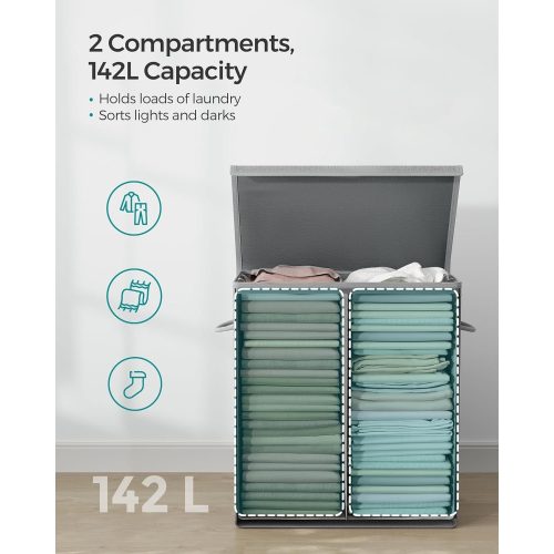 SONGMICS 142L Moshatókosár, Linenette Szövet Mosókosár, Osztott Ruhakosár Mágneses