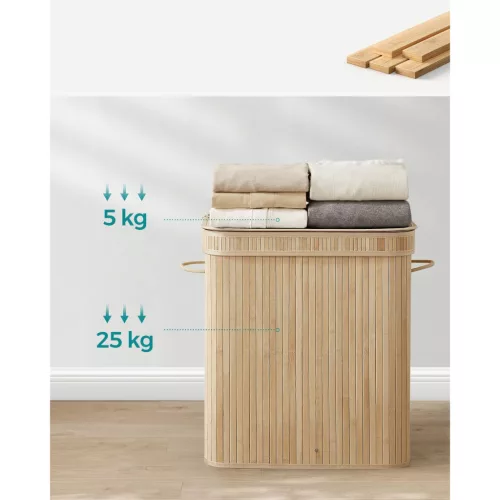 Bambusz szennyestartó fedéllel, kivehető mosható zsákkal, 100L, natúr bézs