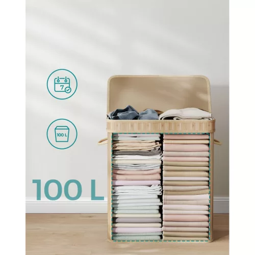 Bambusz szennyestartó fedéllel, kivehető mosható zsákkal, 100L, natúr bézs