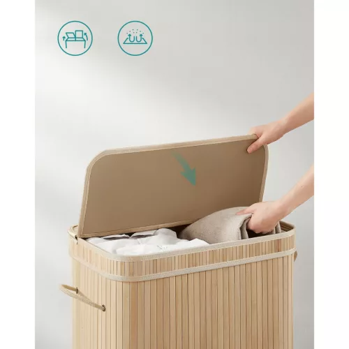Bambusz szennyestartó fedéllel, kivehető mosható zsákkal, 100L, natúr bézs