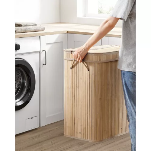Bambusz szennyestartó fedéllel, kivehető mosható zsákkal, 100L, natúr bézs