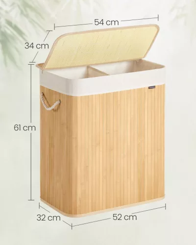 Bambusz szennyeskosár 100L, 2 rekeszes, kivehető zsákkal, natúr