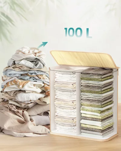 Bambusz szennyeskosár 100L, 2 rekeszes, kivehető zsákkal, natúr