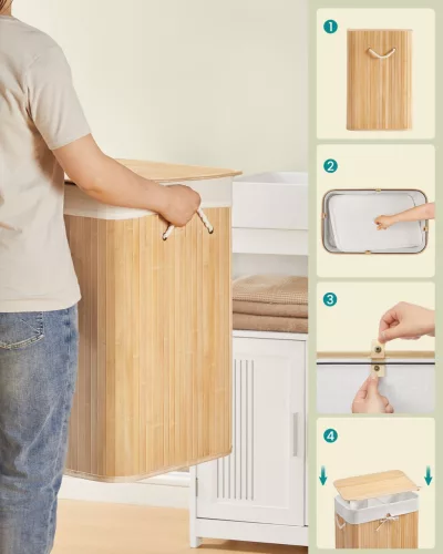 Bambusz szennyeskosár 100L, 2 rekeszes, kivehető zsákkal, natúr