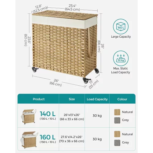 SONGMICS Mosható kosár, kézzel szőtt mosókosár, 140L rattan stílusú mosókosár 3