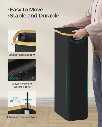 Szennyestartó fedéllel, kivehető béléssel, 65L, bambusz fogantyúval, fekete