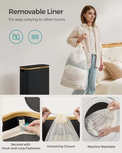 Szennyestartó fedéllel, kivehető béléssel, 65L, bambusz fogantyúval, fekete