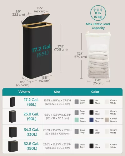 Szennyestartó fedéllel, kivehető béléssel, 65L, bambusz fogantyúval, fekete