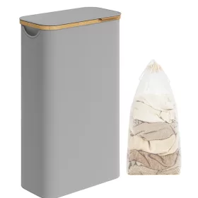   Keskeny szennyeskosár fedéllel, 65L, kivehető hálós bélés, összecsukható