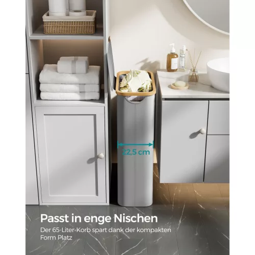 Keskeny szennyeskosár fedéllel, 65L, kivehető hálós bélés, összecsukható