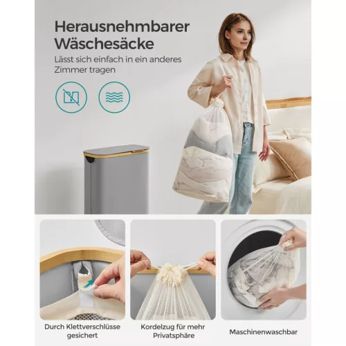 Keskeny szennyeskosár fedéllel, 65L, kivehető hálós bélés, összecsukható