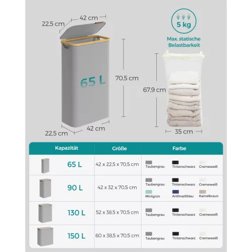 Keskeny szennyeskosár fedéllel, 65L, kivehető hálós bélés, összecsukható