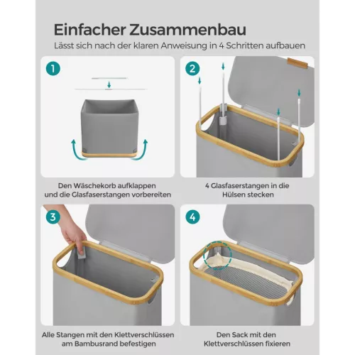 Keskeny szennyeskosár fedéllel, 65L, kivehető hálós bélés, összecsukható