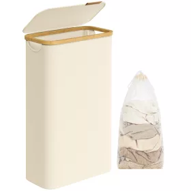   Slim szennyestartó, 65L, bambusz fogantyúkkal, összecsukható, krémfehér