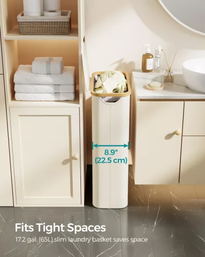 Slim szennyestartó, 65L, bambusz fogantyúkkal, összecsukható, krémfehér