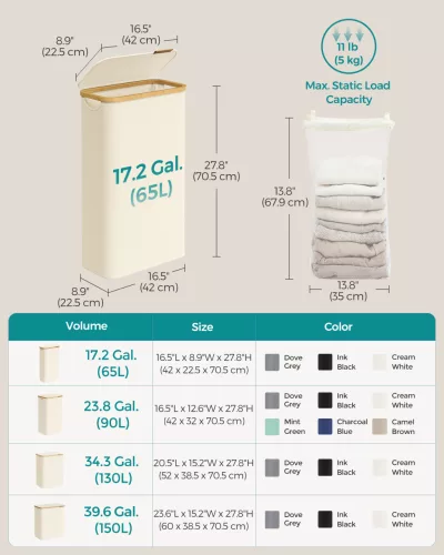 Slim szennyestartó, 65L, bambusz fogantyúkkal, összecsukható, krémfehér