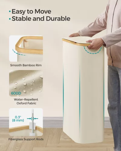 Slim szennyestartó, 65L, bambusz fogantyúkkal, összecsukható, krémfehér