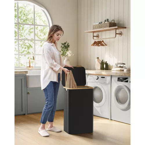 Szennyestartó fedéllel, 90 L, hálós béléssel, oxford szövet, bambusz keret, fekete