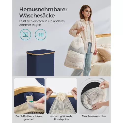 Szennyestartó fedéllel, 90 L, hálós béléssel, oxford szövet, bambusz keret, kék