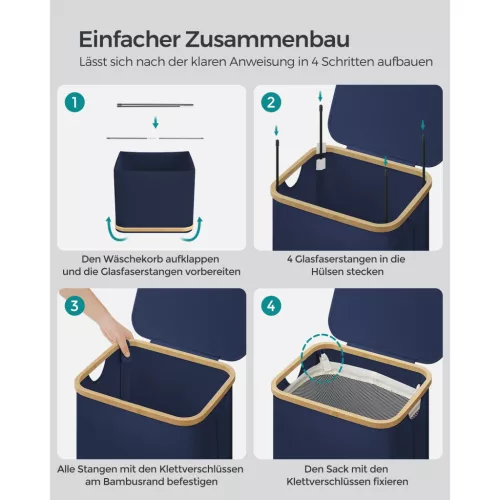 Szennyestartó fedéllel, 90 L, hálós béléssel, oxford szövet, bambusz keret, kék