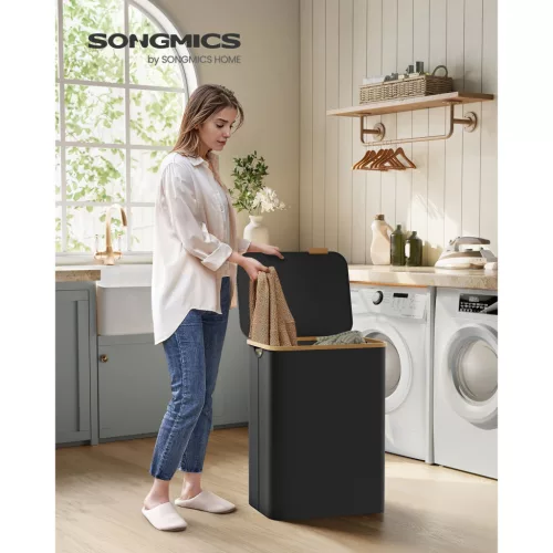 SONGMICS Szennyestartó Fedéllel, 2 Rekeszes Nagy Szennyestartó, 130L, Kivehető Hálós Bélés,
