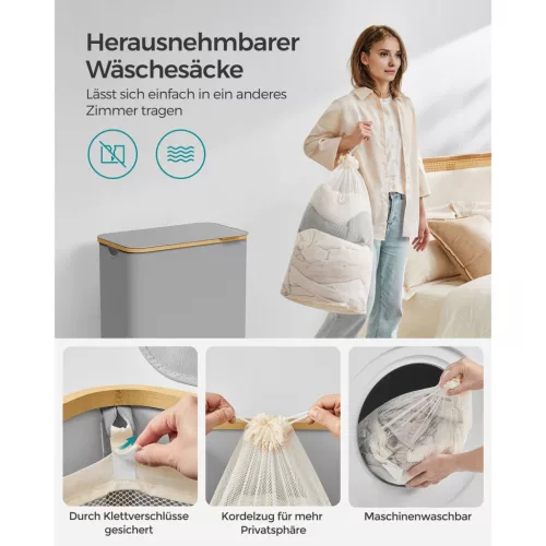 Szennyestartó, 2 rekesszel, levehető hálós béléssel, 130L, szürke, 52 x 38.5 x