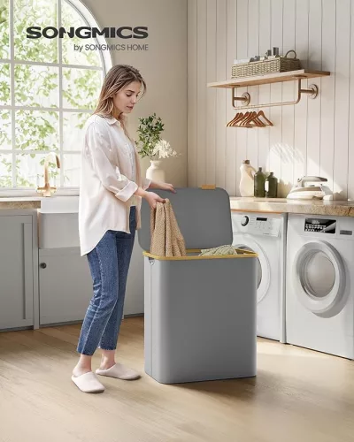 Szennyestartó, 3 rekeszes, 150L, kivehető hálós bélés, oxford szövet, galambszürke