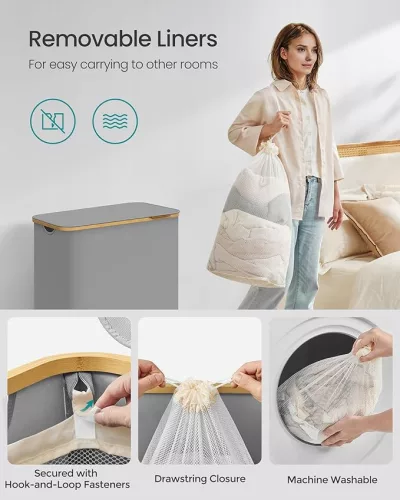 Szennyestartó, 3 rekeszes, 150L, kivehető hálós bélés, oxford szövet, galambszürke