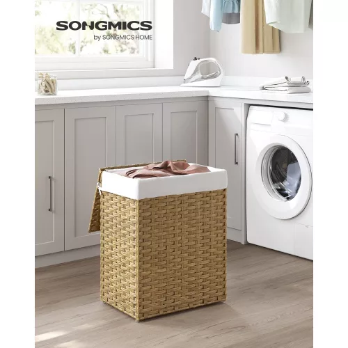 SONGMICS Kézzel szőtt mosókosár, 90L szintetikus rattan ruhakosár fedéllel és