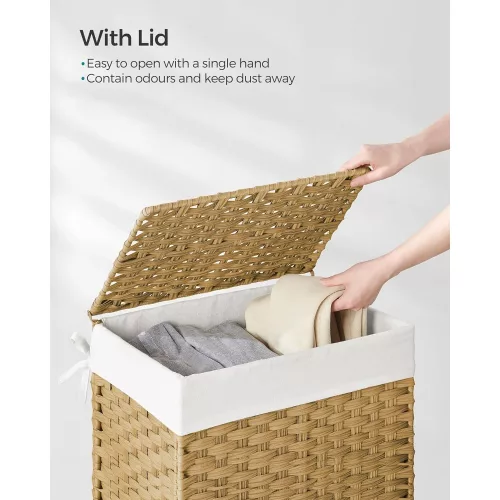 SONGMICS Kézzel szőtt mosókosár, 90L szintetikus rattan ruhakosár fedéllel és