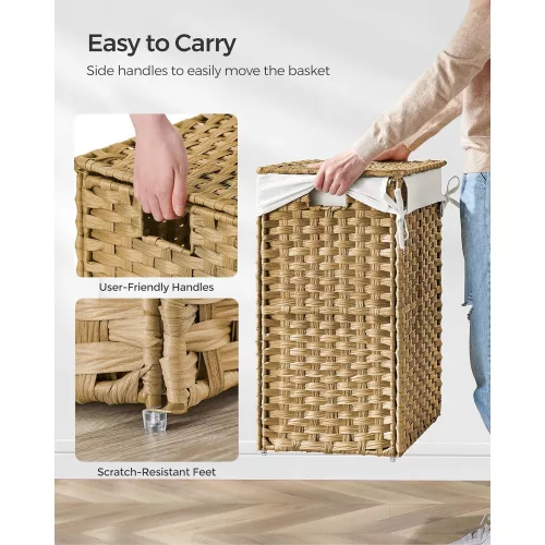 SONGMICS Kézzel szőtt mosókosár, 90L szintetikus rattan ruhakosár fedéllel és