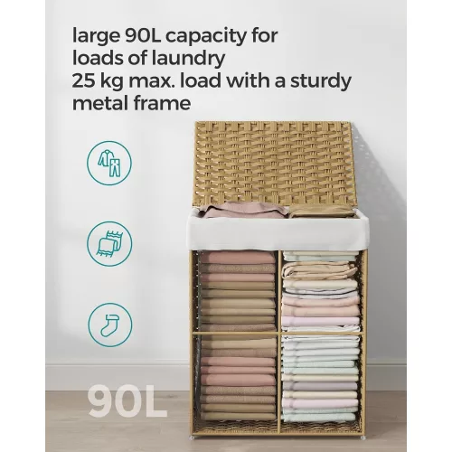 SONGMICS Kézzel szőtt mosókosár, 90L szintetikus rattan ruhakosár fedéllel és